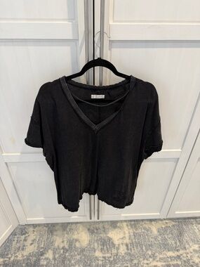 Free People Black Distressed V-Neck Tee